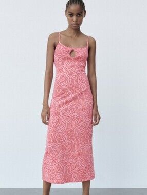 NWOT Zara Pink Red Swirl Abstract Midi Dress Small